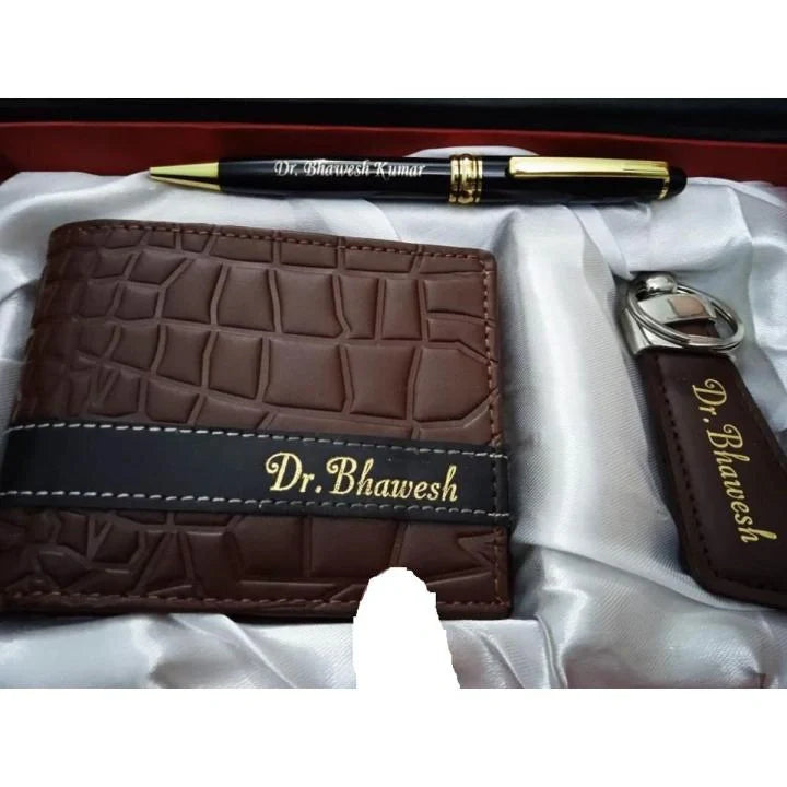 Name Wallet Keychain & Pen Set Brown